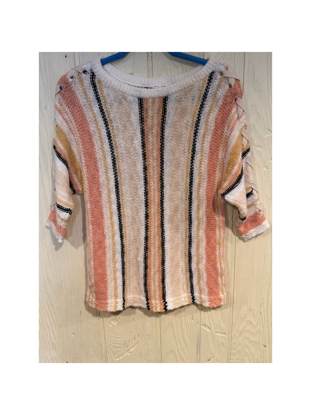 Tribal Jeans Sweater White Pink Striped Crew Neck XS